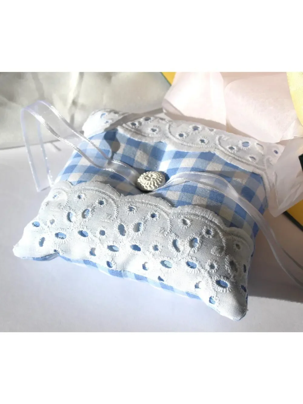 Handmade Lace Ring Bearer Pillow: Gingham Wedding Ring Cushion